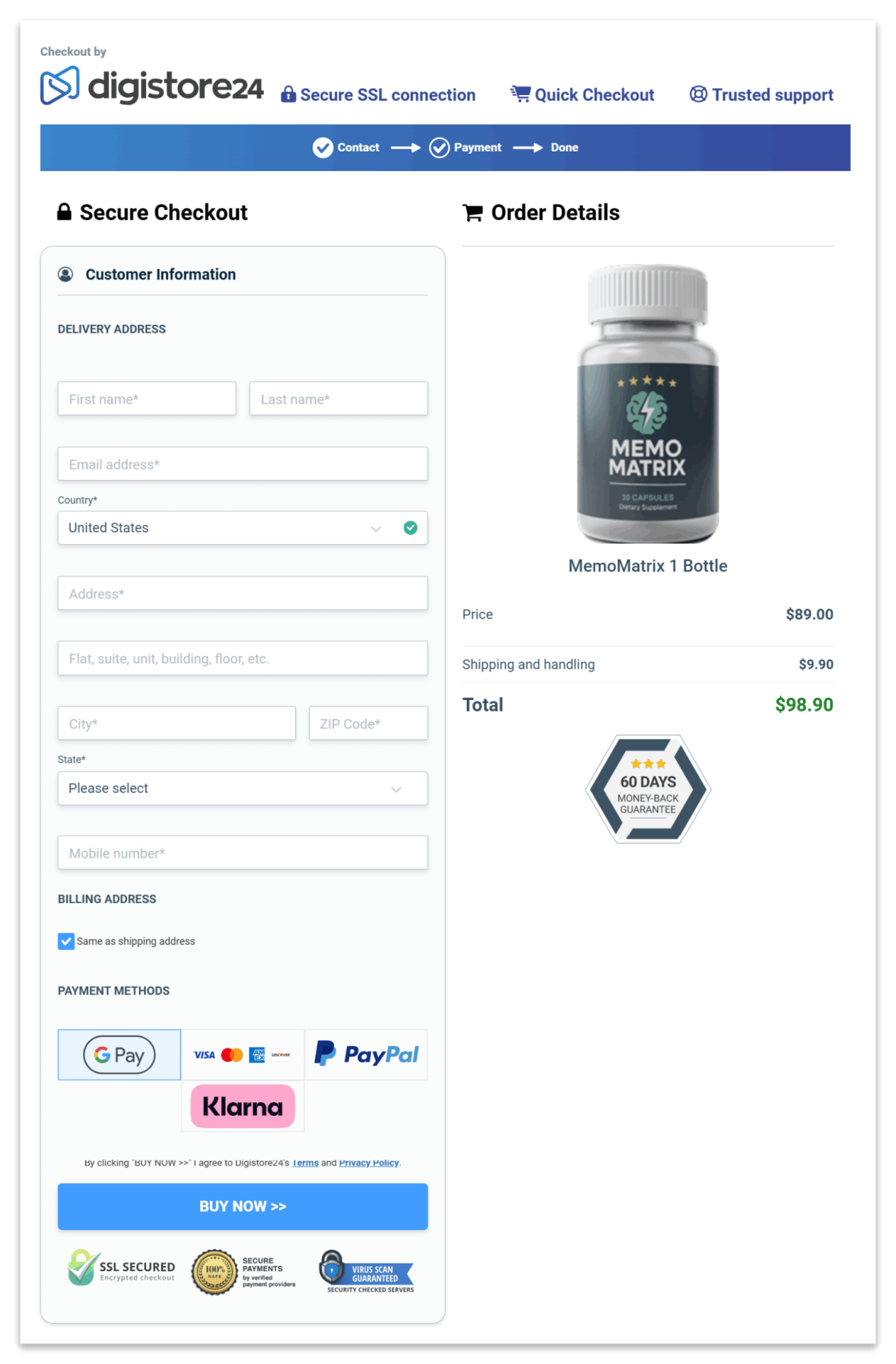 Memomatrix Cognitive Boost Secure Checkout Page